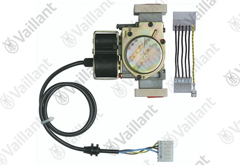 Vaillant Gasarmatur mit einem Motor, Kabeln und Anschlussstecker, für die Steuerung und Regulierung des Gasflusses in Heizsystemen.